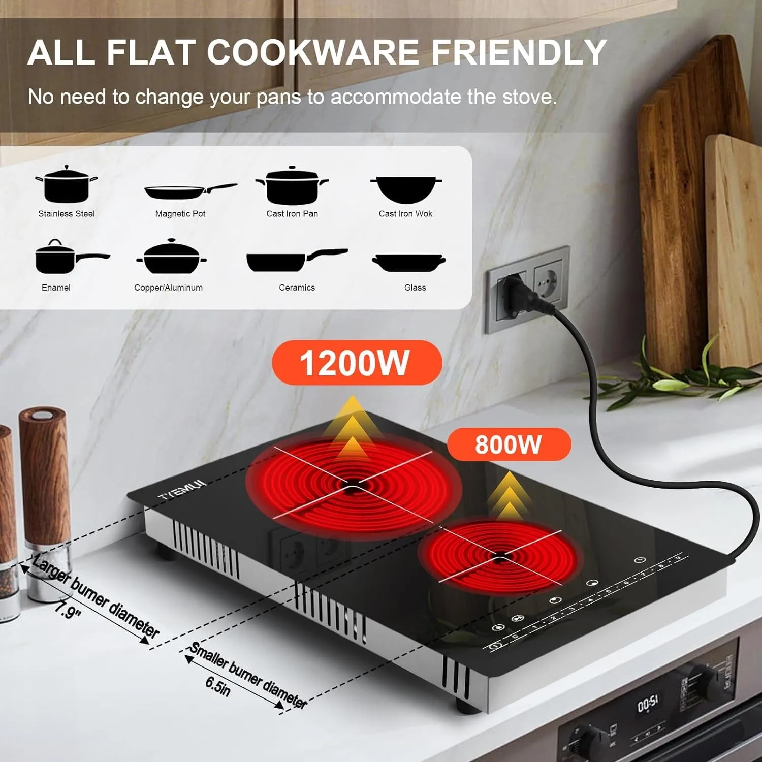 2 Burner Electric Cooktop 110v Plug in, Portable 2000W Infrared Cooktop Double Burner 12in Ceramic Glass Stove Top Burner, Built In or Countertop for Indoor Outdoor Cooking