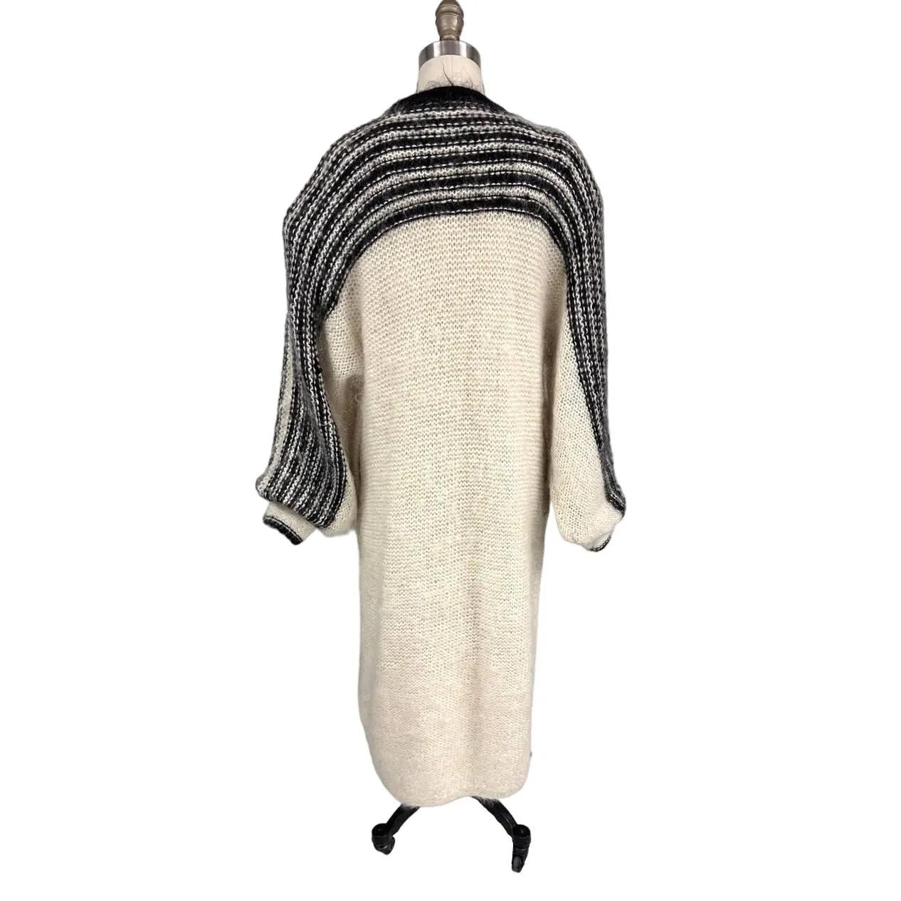 80s VTG Nannell Mohair Lined Sweater Coat Cream/Blk Sz M Striking Stripes