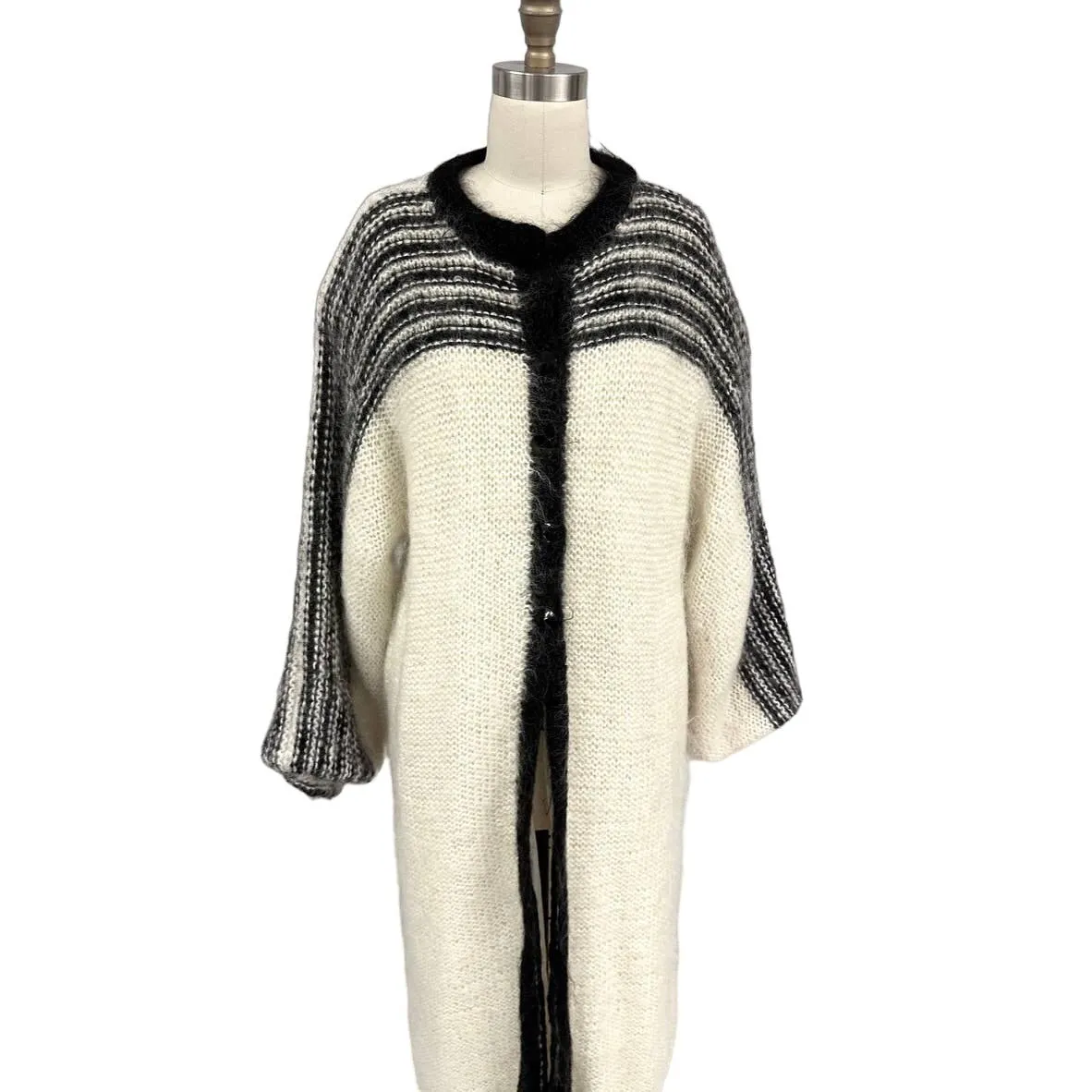 80s VTG Nannell Mohair Lined Sweater Coat Cream/Blk Sz M Striking Stripes