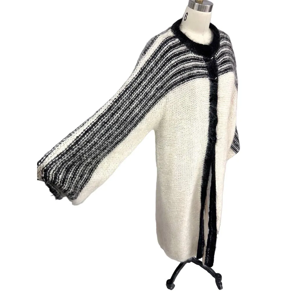 80s VTG Nannell Mohair Lined Sweater Coat Cream/Blk Sz M Striking Stripes