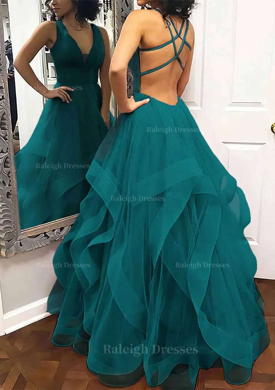 A-line Princess V Neck Sleeveless Tulle Long/Floor-Length Prom Dress With Pleated