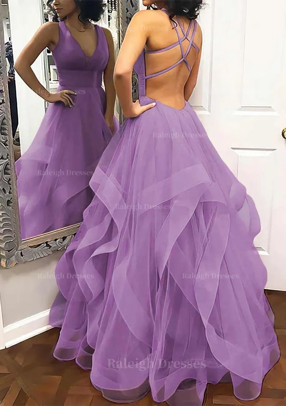 A-line Princess V Neck Sleeveless Tulle Long/Floor-Length Prom Dress With Pleated