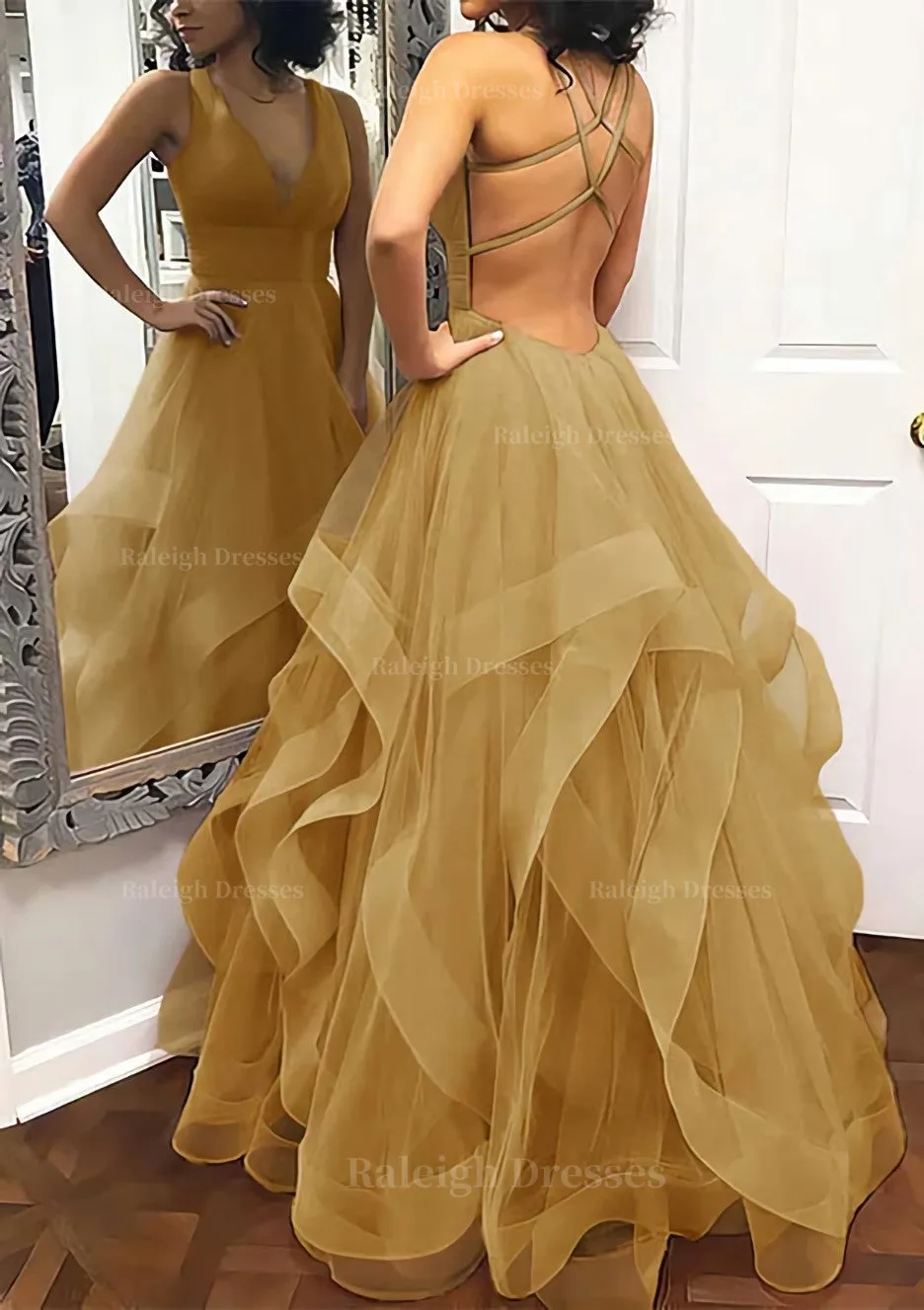 A-line Princess V Neck Sleeveless Tulle Long/Floor-Length Prom Dress With Pleated