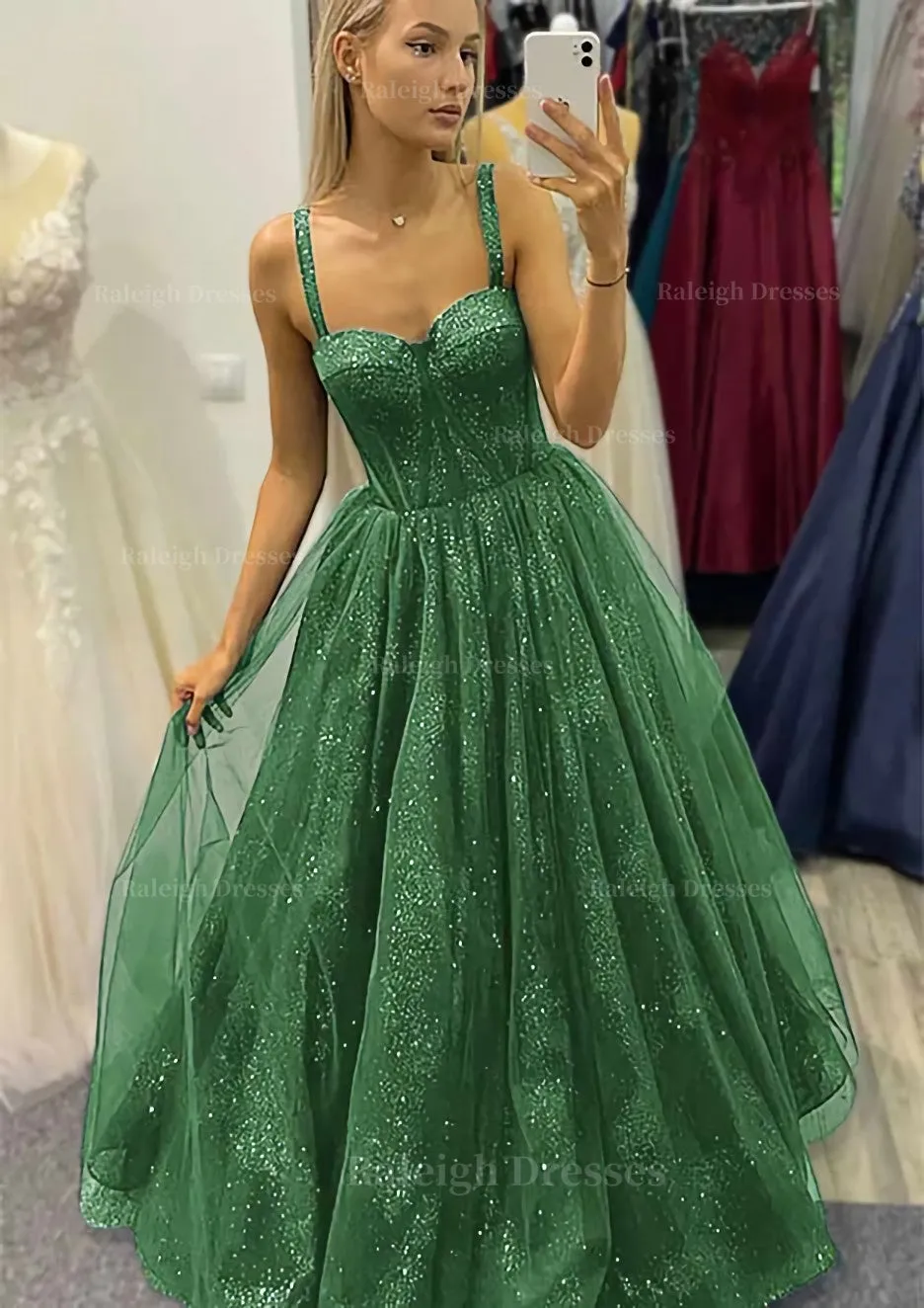 A-line Sweetheart Spaghetti Straps Long/Floor-Length Tulle Glitter Prom Dress