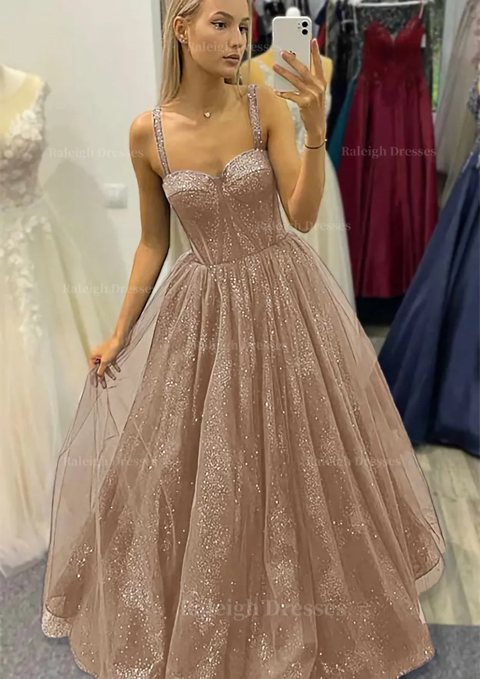 A-line Sweetheart Spaghetti Straps Long/Floor-Length Tulle Glitter Prom Dress