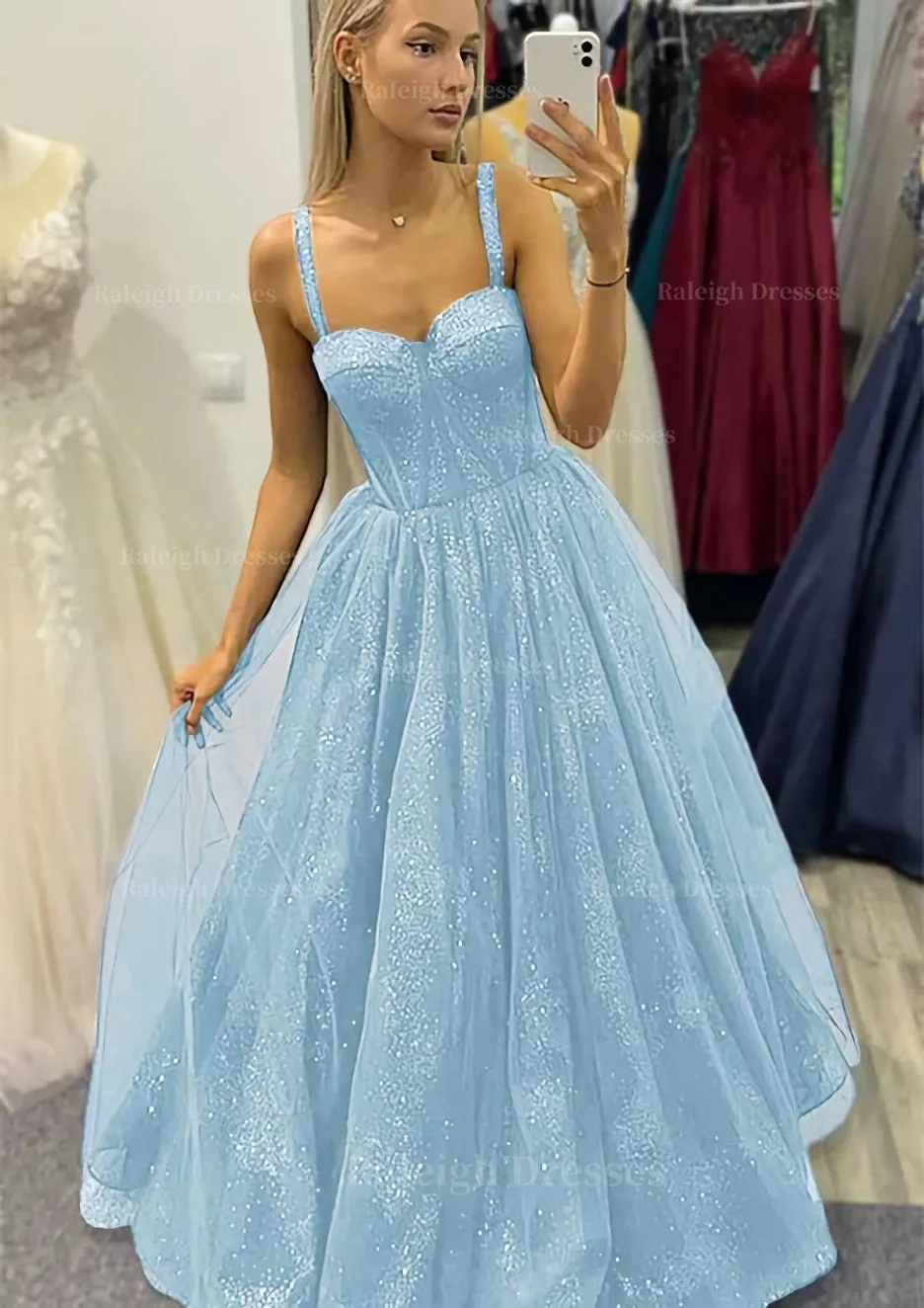 A-line Sweetheart Spaghetti Straps Long/Floor-Length Tulle Glitter Prom Dress