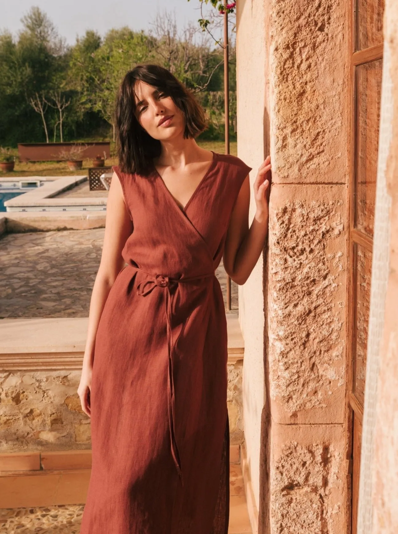 Aurora Mid-Length Linen Dress - Terracotta