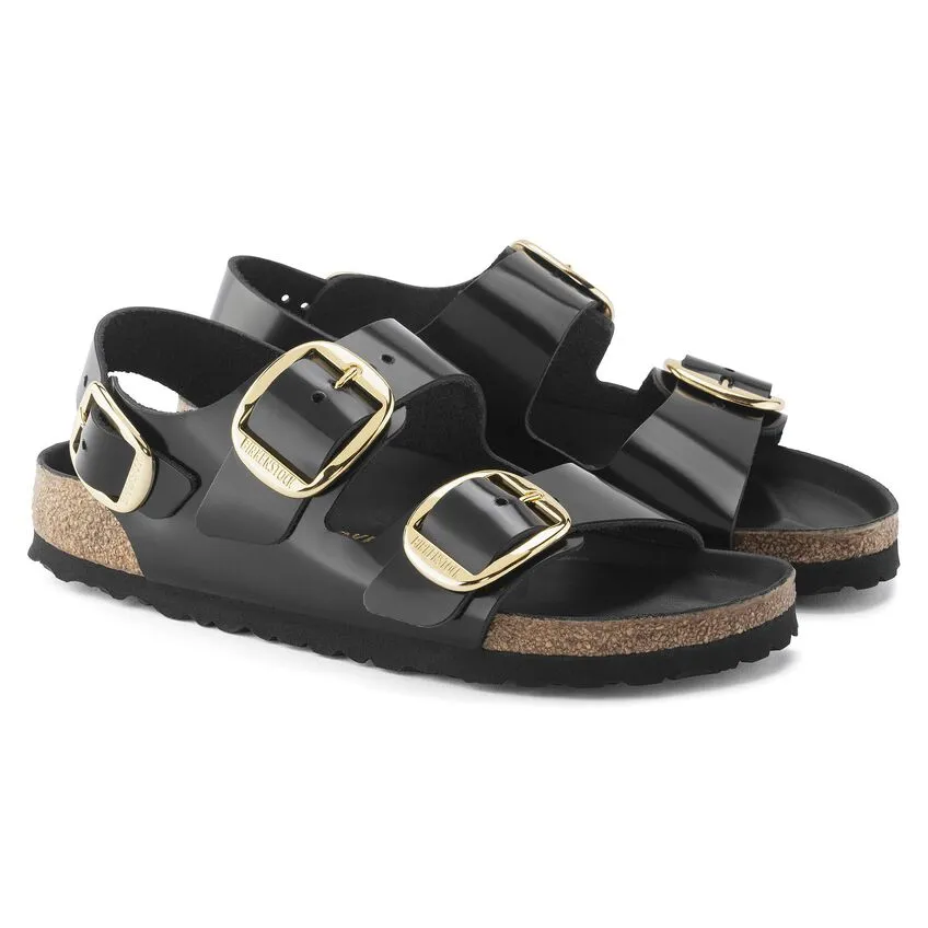 Birkenstock Women's Milano Big Buckle Natural Leather Patent (Black - Narrow Fit)