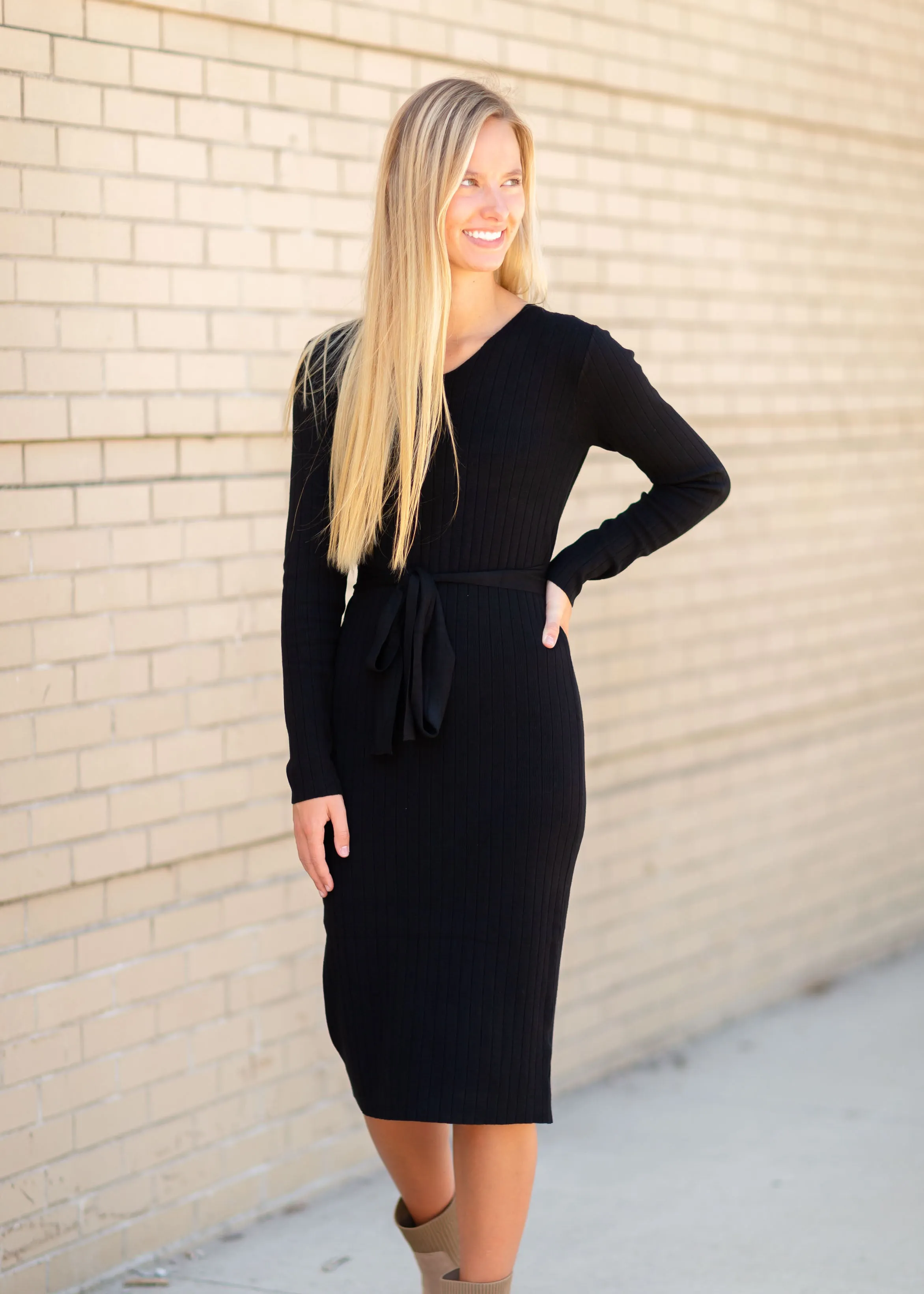 Black Ribbed Belted Midi Dress - FINAL SALE