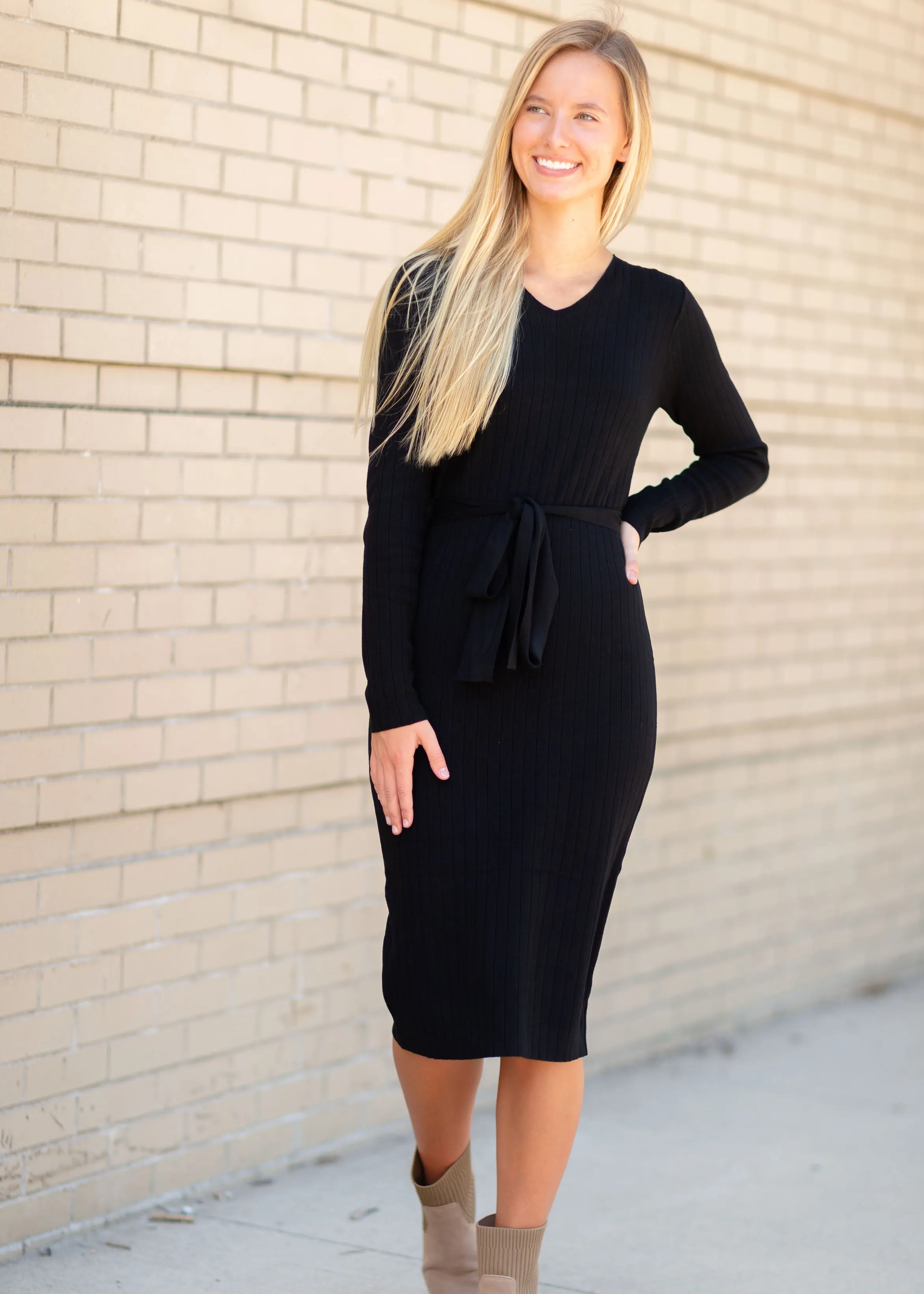 Black Ribbed Belted Midi Dress - FINAL SALE