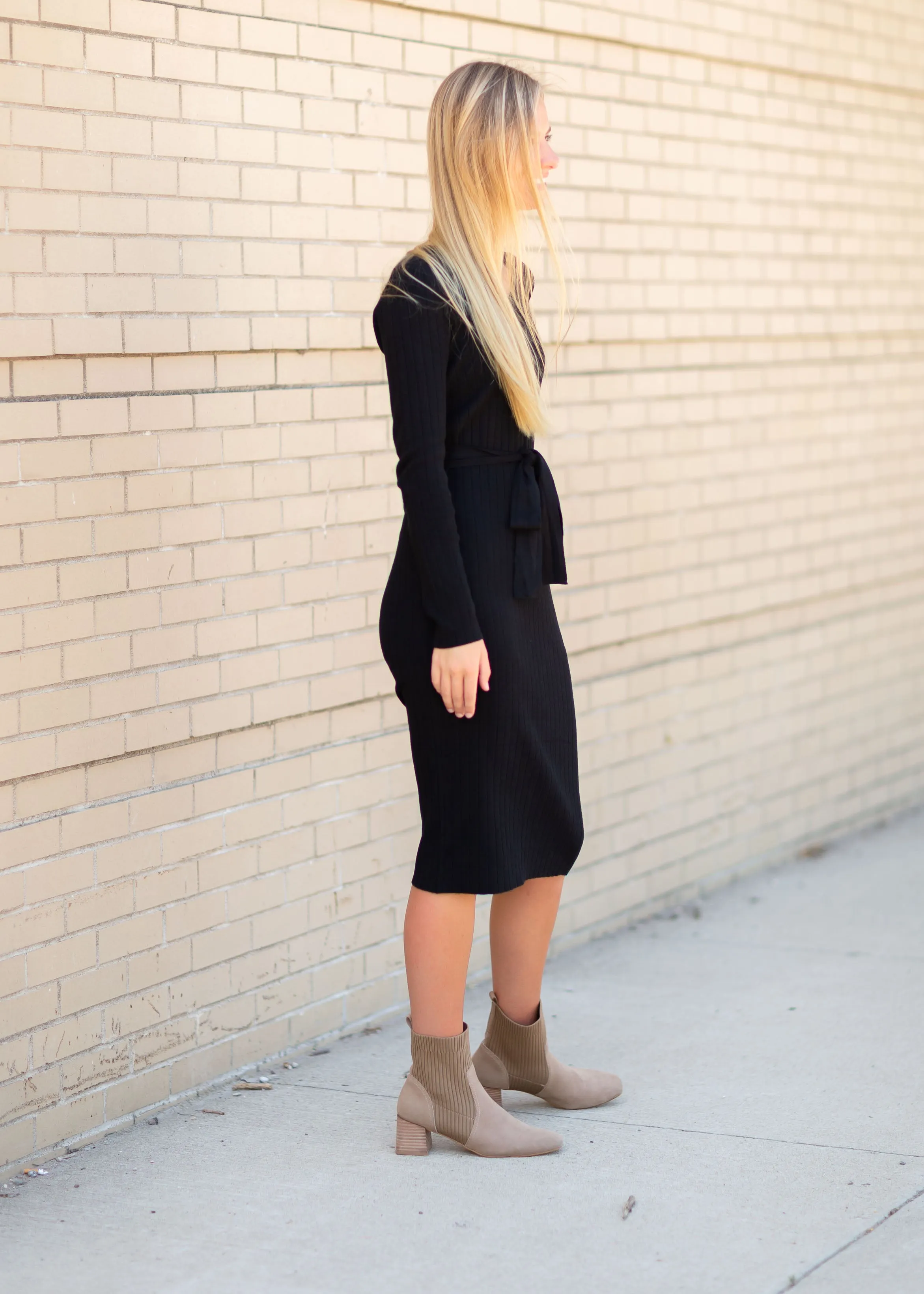 Black Ribbed Belted Midi Dress - FINAL SALE