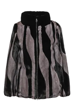 Black Star & Blue Iris Patterned Zip-Up Mink Fur Jacket