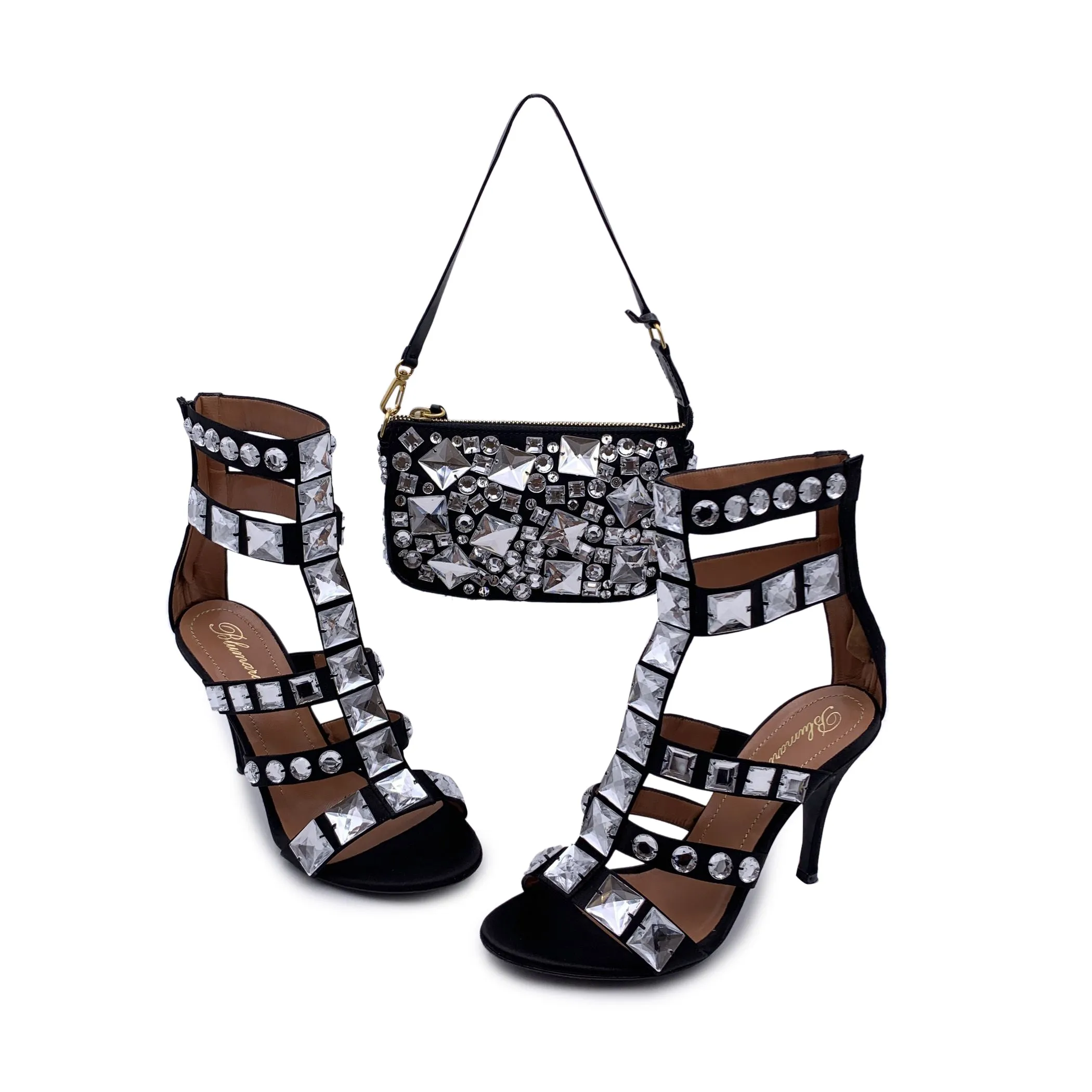 Blumarine Rhinestones Cage Sandals Heels Shoes with Pouch Bag 37.5