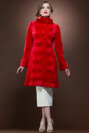 Bright Red Sheared - Long Haired Patterned Mid Length Mink Fur Coat