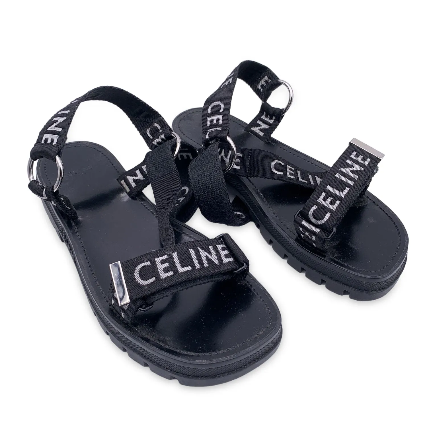 Celine Black Leo Strappy Sandals Shoes with Jacquard Straps Size 44