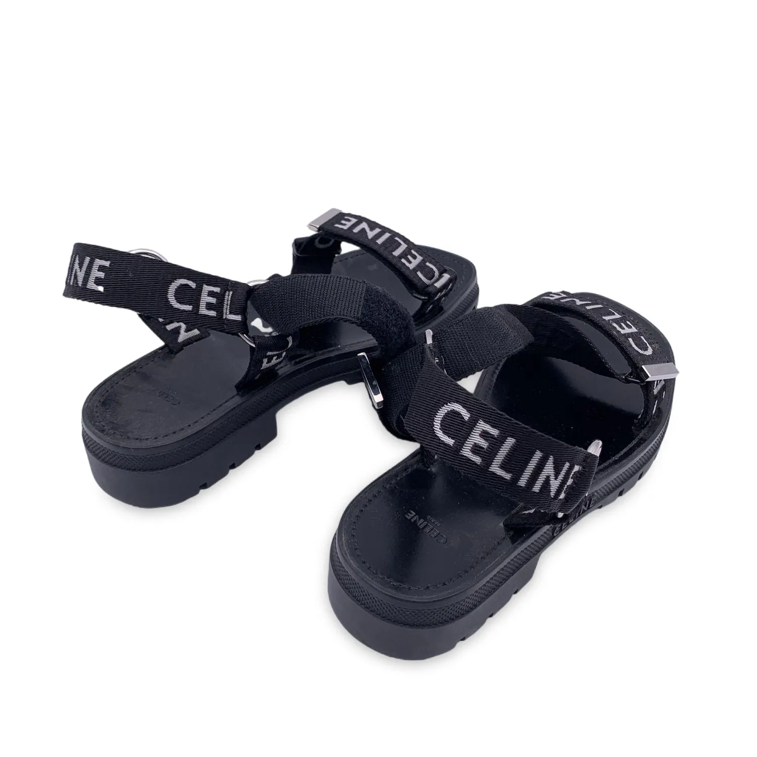 Celine Black Leo Strappy Sandals Shoes with Jacquard Straps Size 44