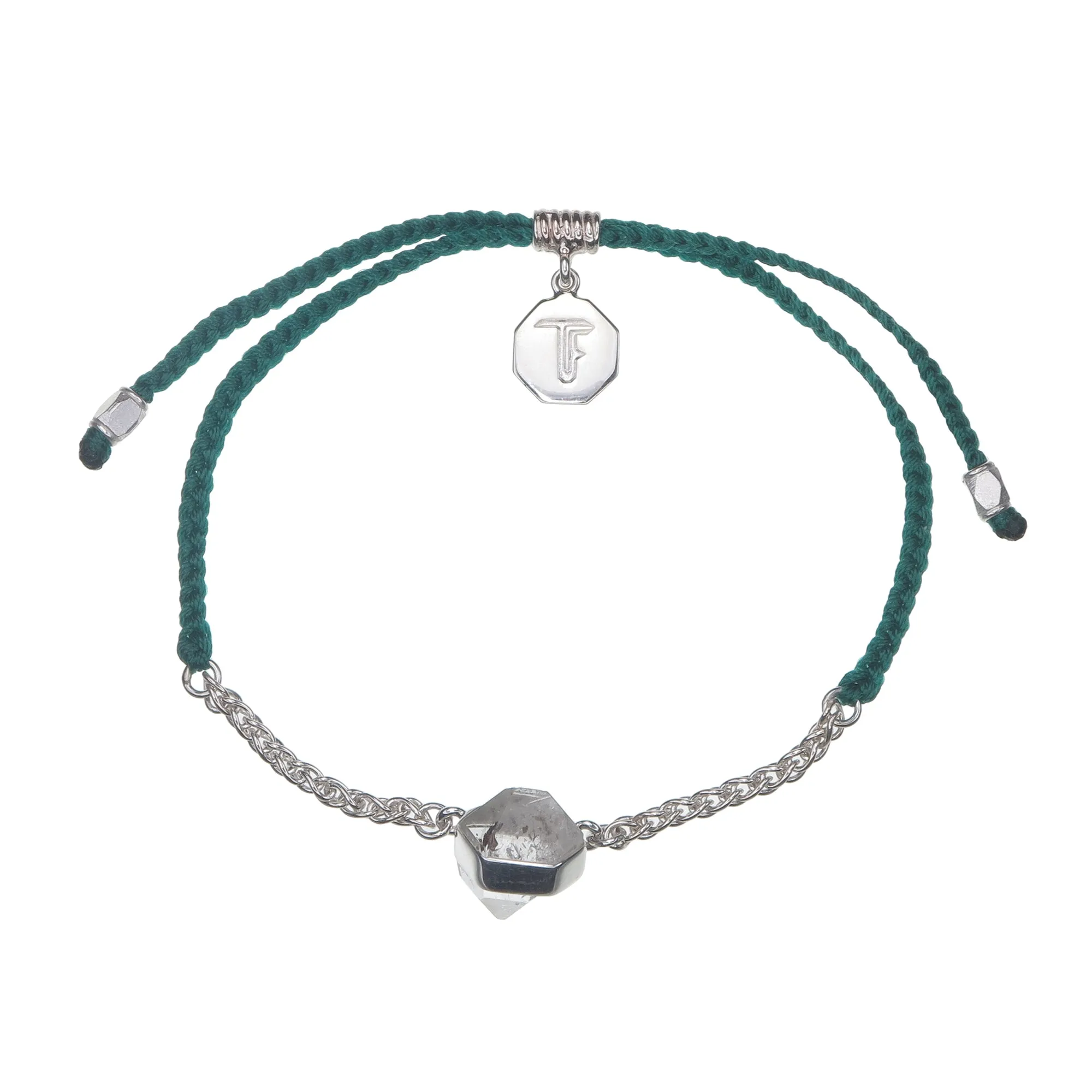 CHAIN & CORD CRYSTAL BRACELET - DIAMOND QUARTZ - BOTANICAL GREEN - SILVER