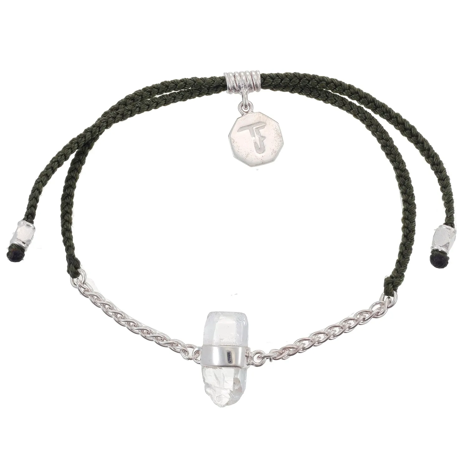 CHAIN & CORD CRYSTAL BRACELET - QUARTZ - OLIVE GREEN - SILVER