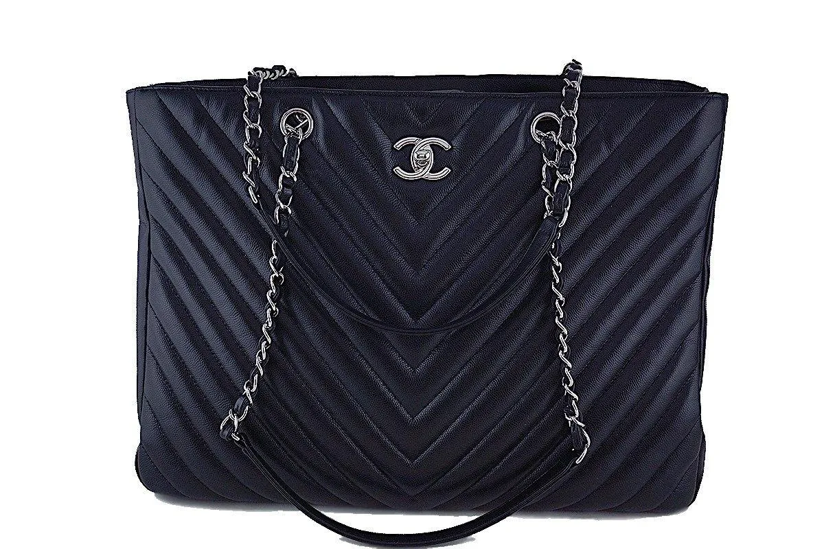 Chanel Black Caviar Chevron Classic Quilted Shopper Tote Bag