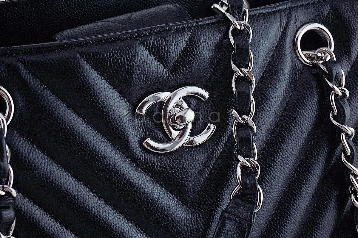 Chanel Black Caviar Chevron Classic Quilted Shopper Tote Bag