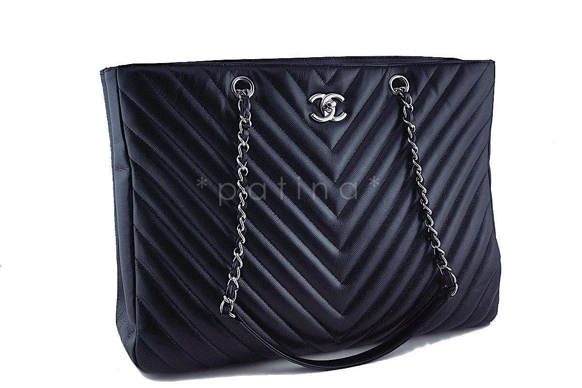 Chanel Black Caviar Chevron Classic Quilted Shopper Tote Bag