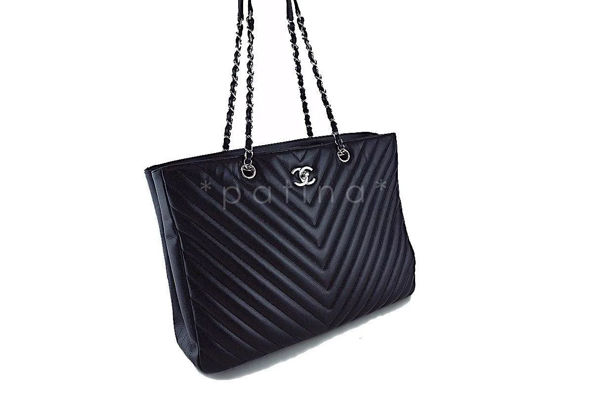 Chanel Black Caviar Chevron Classic Quilted Shopper Tote Bag