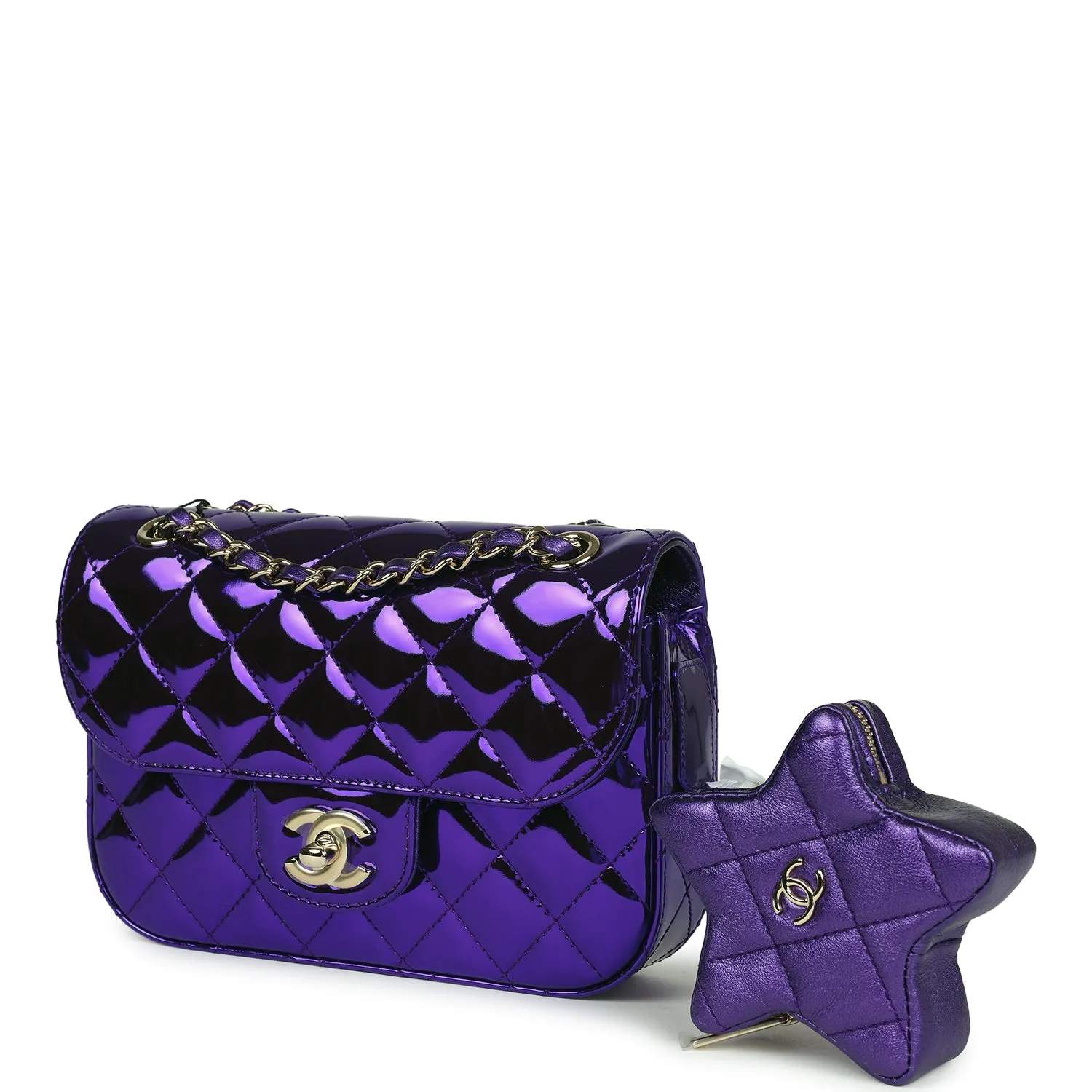 Chanel Mini Flap Bag & Star Coin Purse Purple Mirror Calfskin/Metallic Calfskin Light Gold Hardware