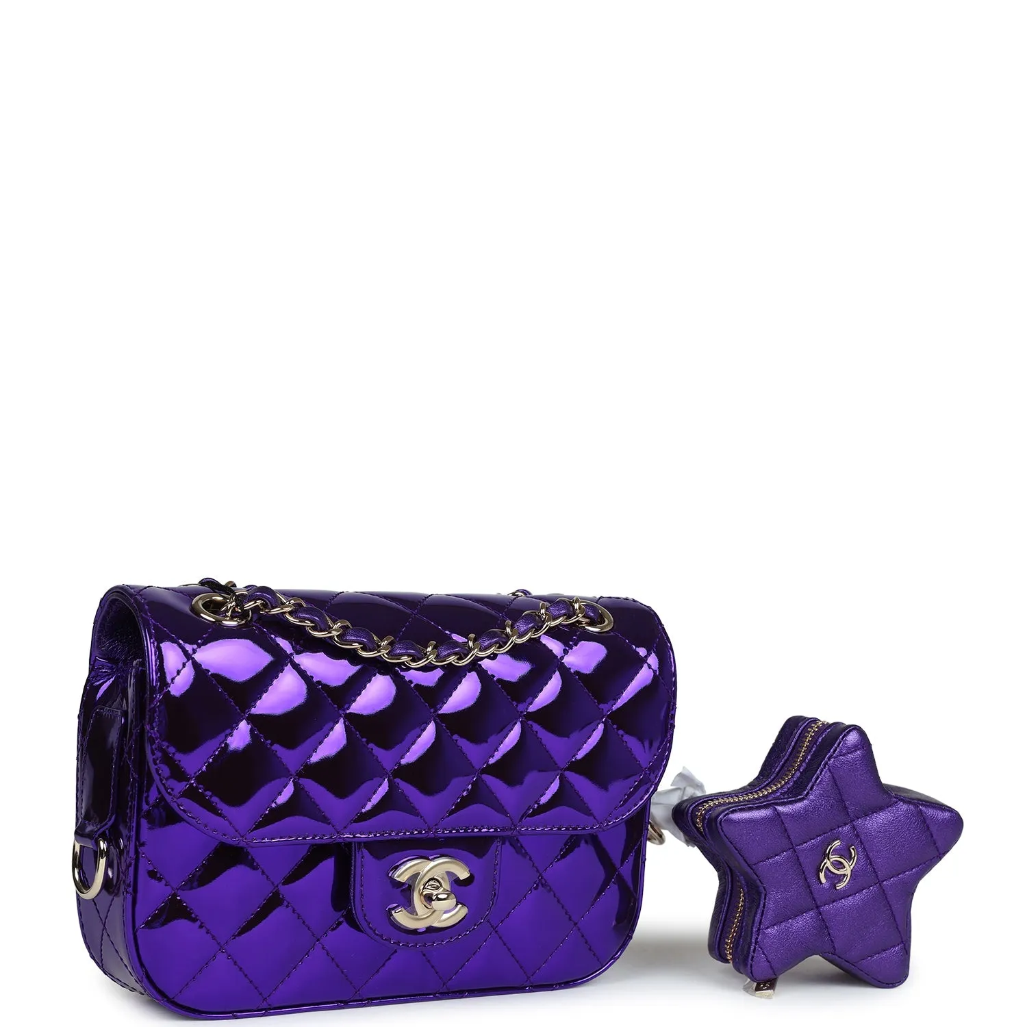 Chanel Mini Flap Bag & Star Coin Purse Purple Mirror Calfskin/Metallic Calfskin Light Gold Hardware