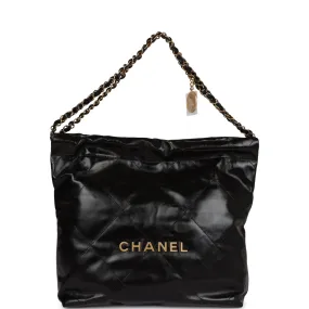 Chanel Small 22 Bag Black Shiny Crumpled Calfskin Gold Hardware