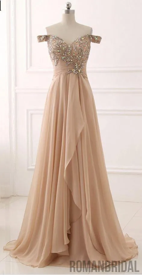 Charming Off-shoulder Floor-length A-line beading Evening dress,Wrinkled back zip long prom dress, PD0511