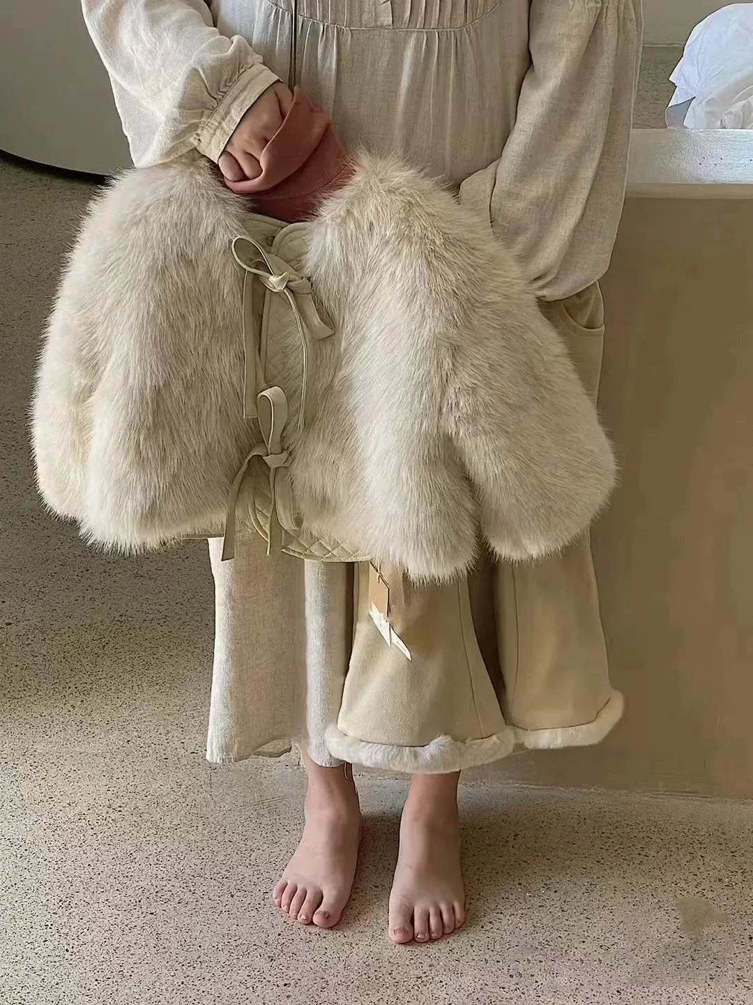 Cream Faux Fur Tie-Up Coat for Girls (2-7Y)