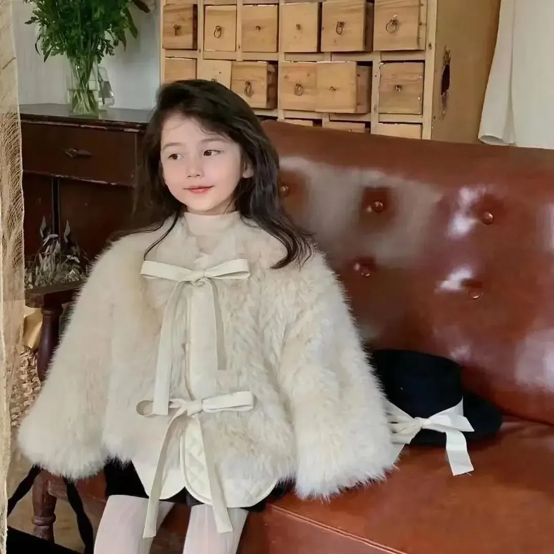 Cream Faux Fur Tie-Up Coat for Girls (2-7Y)