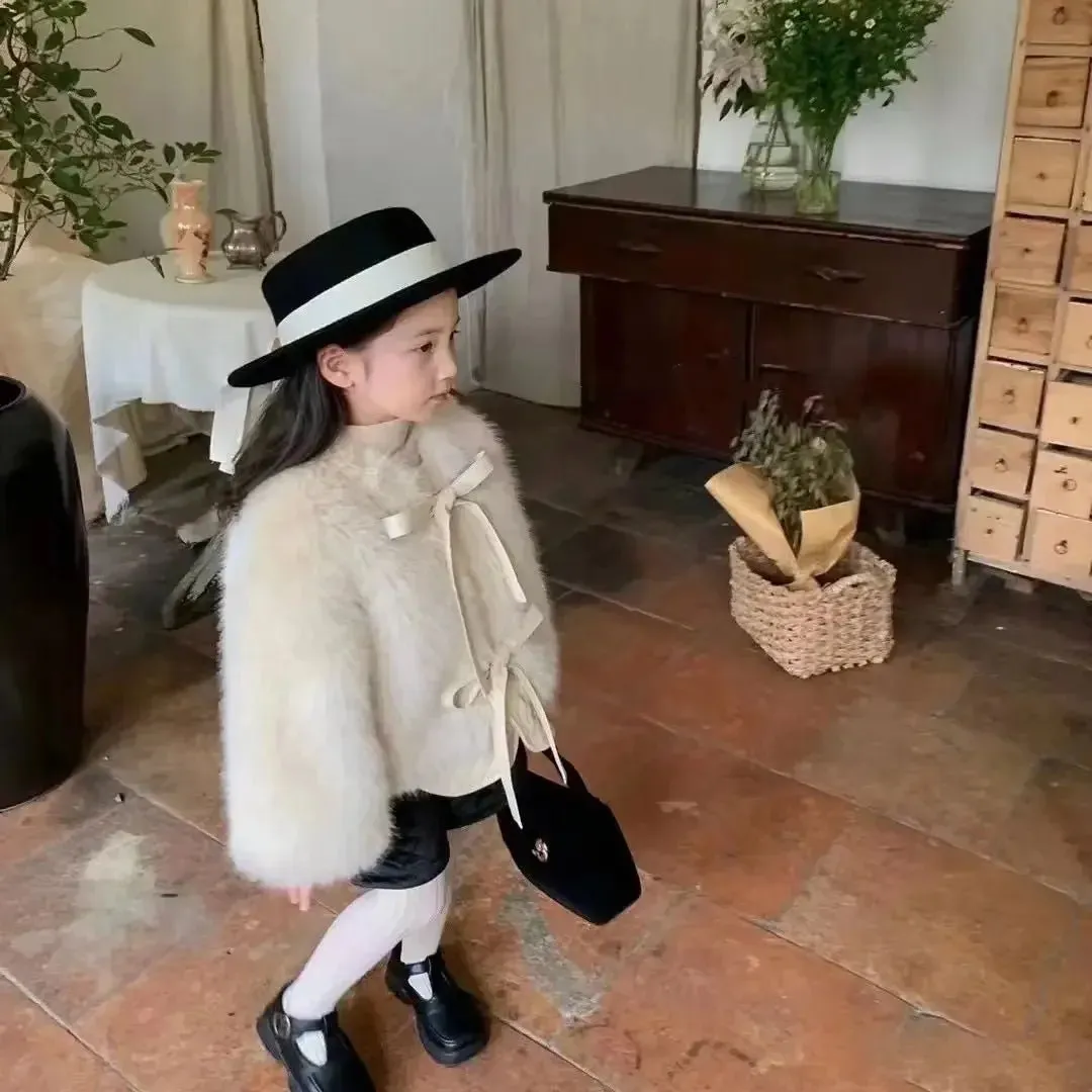 Cream Faux Fur Tie-Up Coat for Girls (2-7Y)