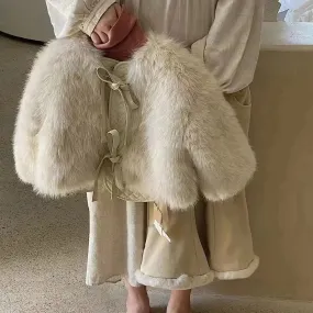 Cream Faux Fur Tie-Up Coat for Girls (2-7Y)