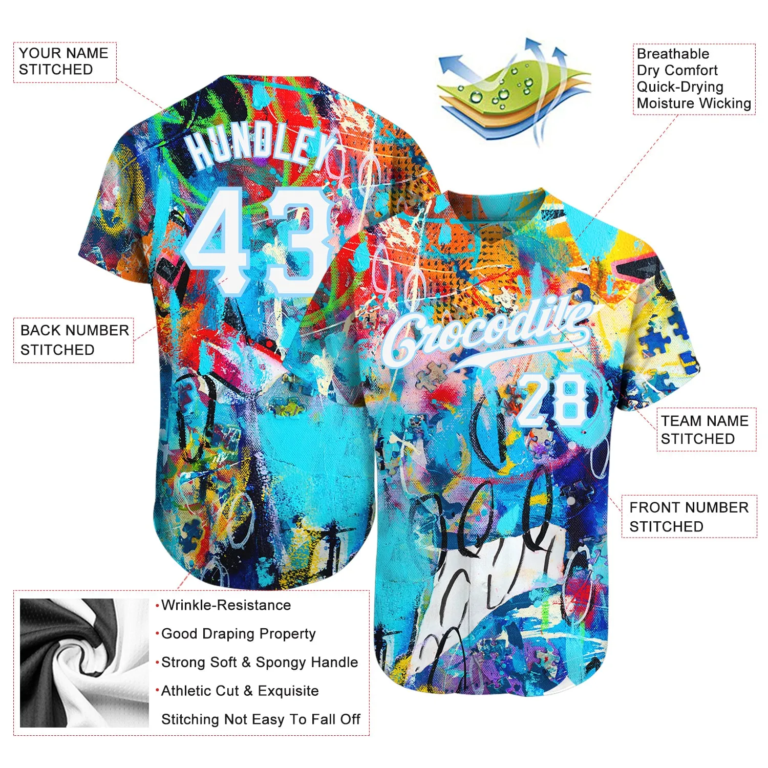 Custom Abstract Graffiti White-Light Blue 3D Authentic Baseball Jersey