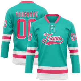 Custom Aqua Neon Pink-White Hockey Lace Neck Jersey