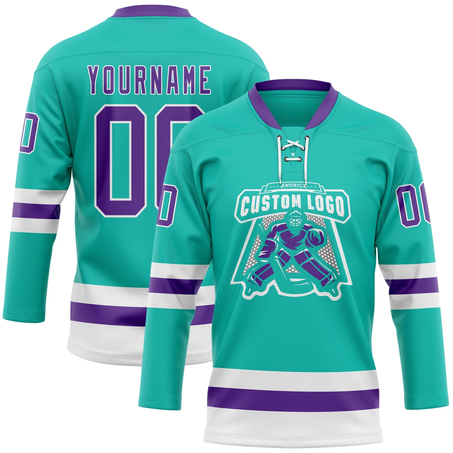 Custom Aqua Purple-White Hockey Lace Neck Jersey