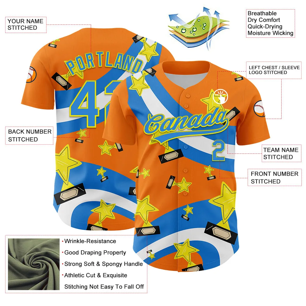 Custom Bay Orange Electric Blue-Light Yellow 3D Pattern Design Champion Trophy Authentic Baseball Jersey