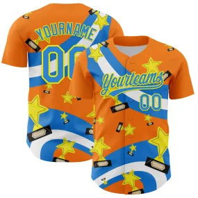 Custom Bay Orange Electric Blue-Light Yellow 3D Pattern Design Champion Trophy Authentic Baseball Jersey