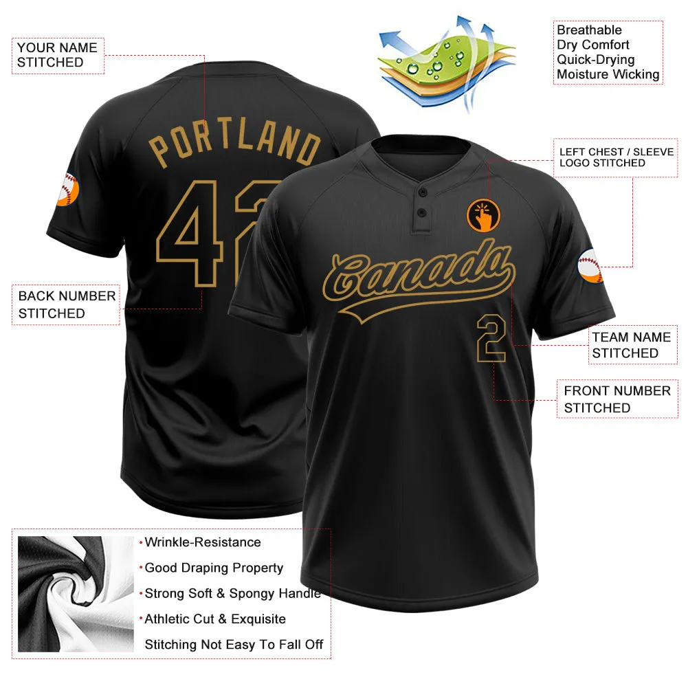 Custom Black Black-Old Gold Two-Button Unisex Softball Jersey