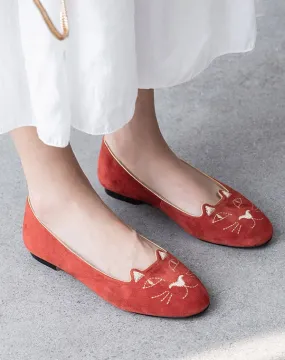 Embroidered Cat Suede Round Head Comfortable Flats