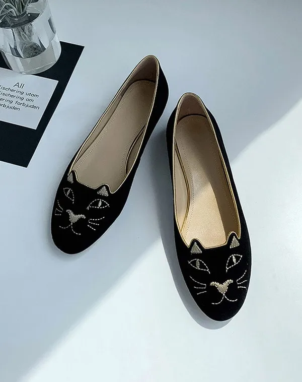 Embroidered Cat Suede Round Head Comfortable Flats