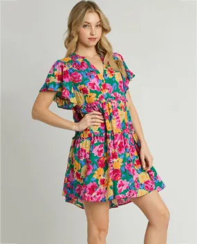 Floral Ruffle Trim Tiered Mini Dress