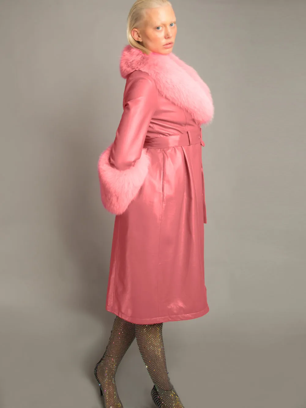 Foxy Leather Coat w/ Fox Fur In Rose Pink