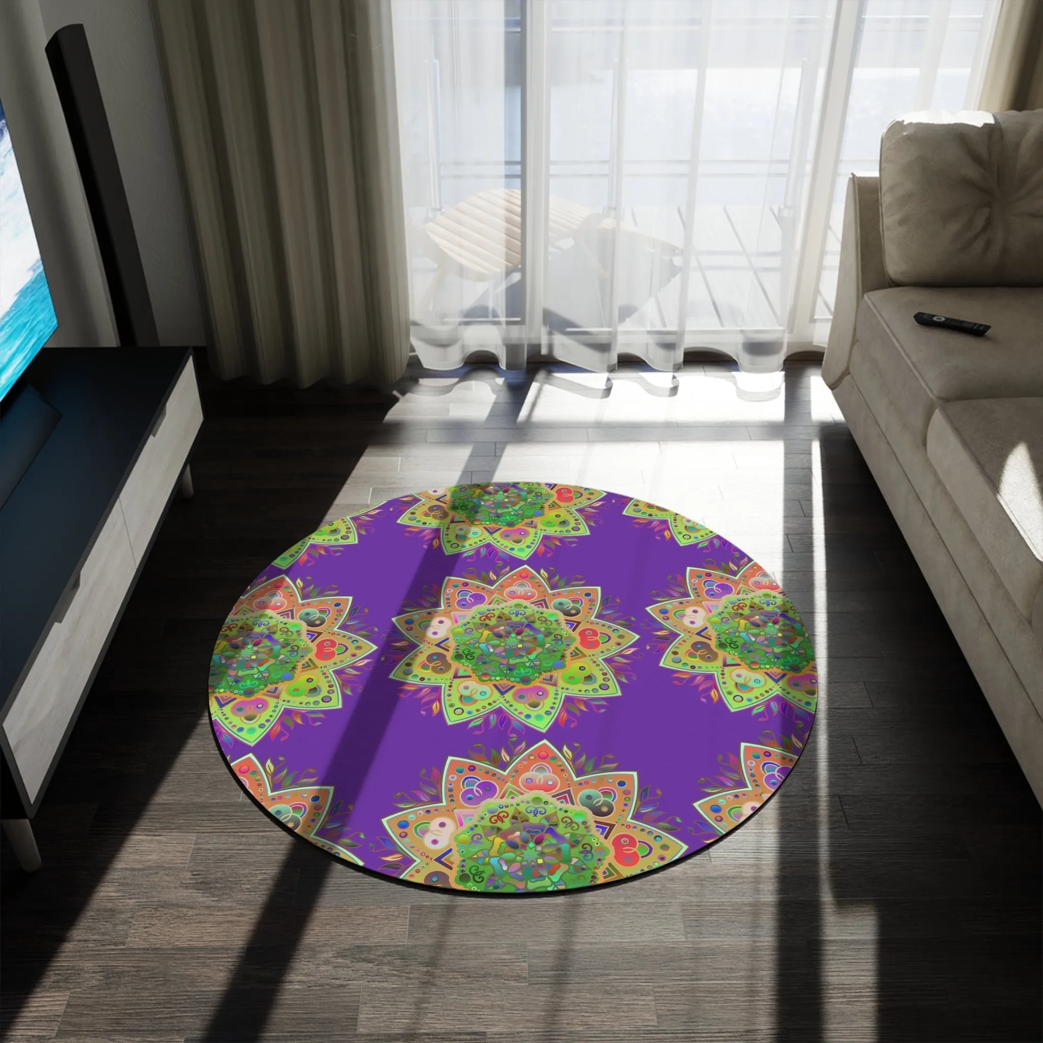 Handmade Mandala Round Rug with Grape Background - 60" Chenille Decor