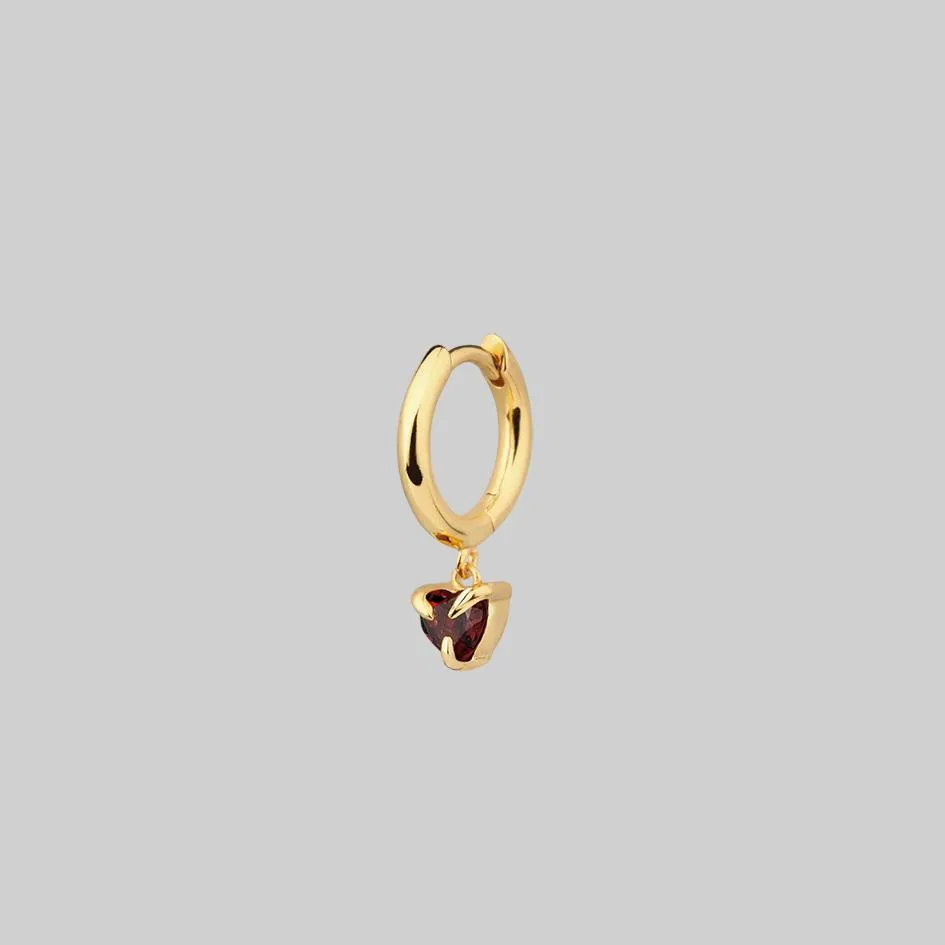 HEART & SOUL. Garnet Dangly Heart Hoop Earrings - Gold