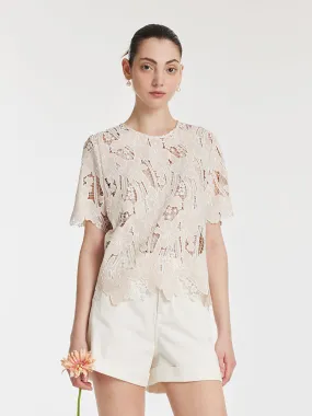 Lace Floral-Shaped Openwork Women Blouse With Bottomed Camisole