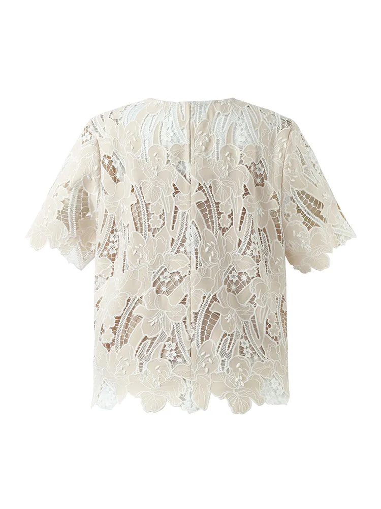 Lace Floral-Shaped Openwork Women Blouse With Bottomed Camisole