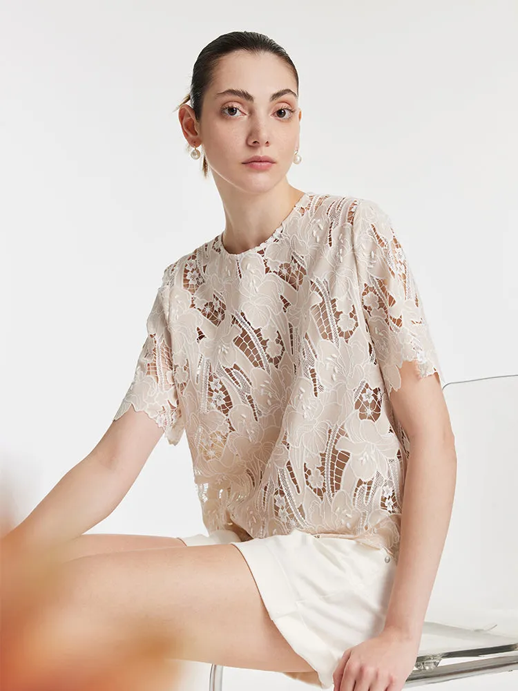 Lace Floral-Shaped Openwork Women Blouse With Bottomed Camisole