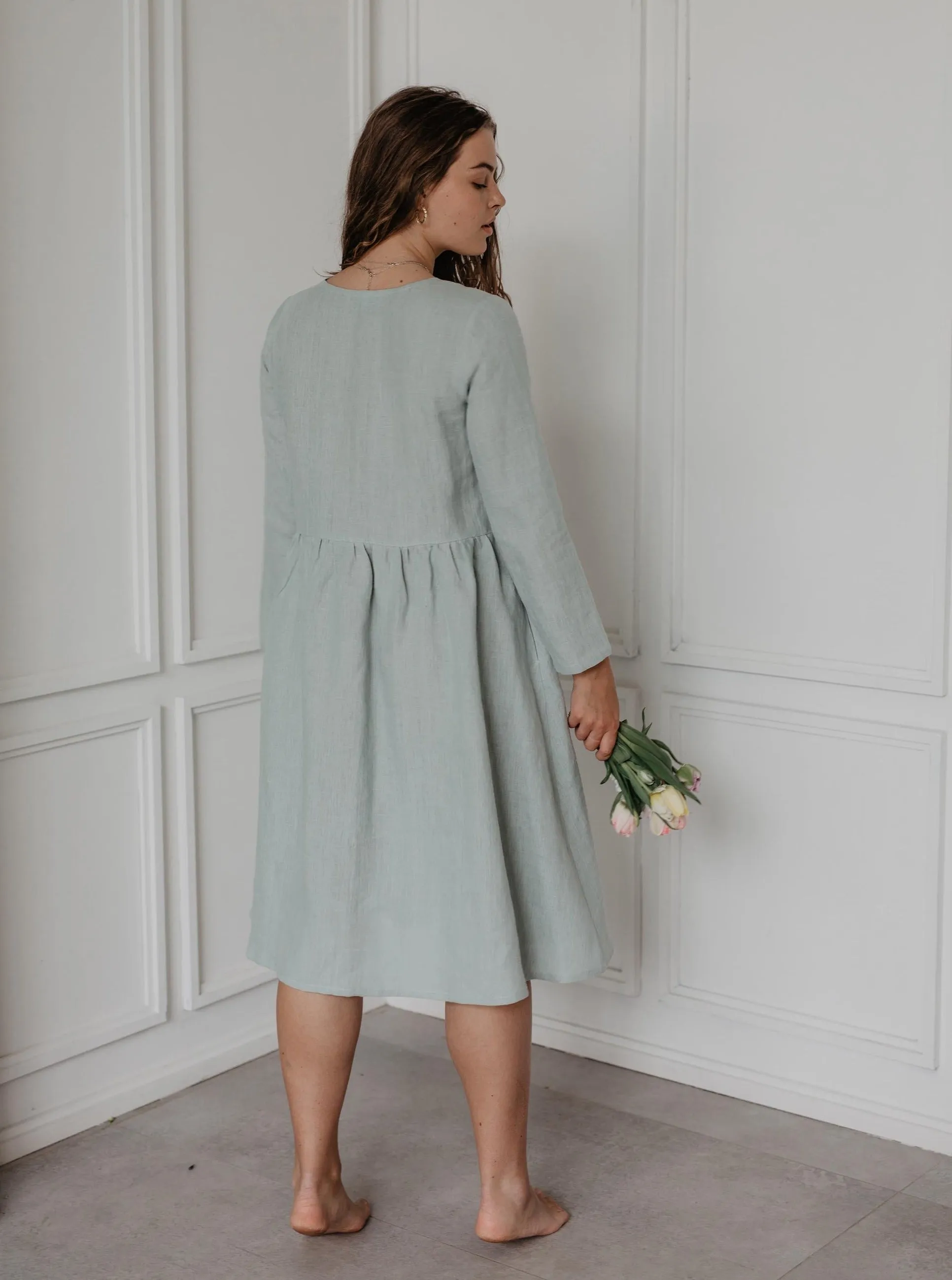 Lapland Mid-Length Linen Dress - Sage Green